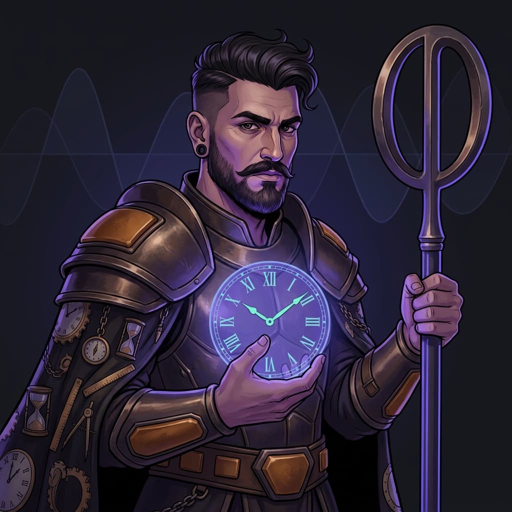 Illustration of KRONOS: close-up of the titan of time, holding a staff shaped as the Greek letter Φ — a ring crossed by a shaft — the symbol mathematics uses for the phase of a cycle.