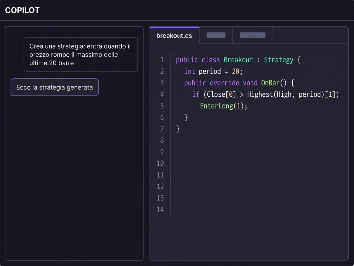 Interfaccia ricostruita del copilot: una richiesta in linguaggio naturale e lo script che ne nasce nell’editor.