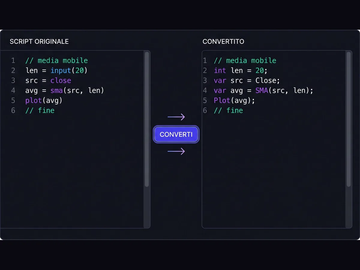 Interfaccia ricostruita dell’import di uno script: il sorgente esterno a sinistra, la conversione a destra.