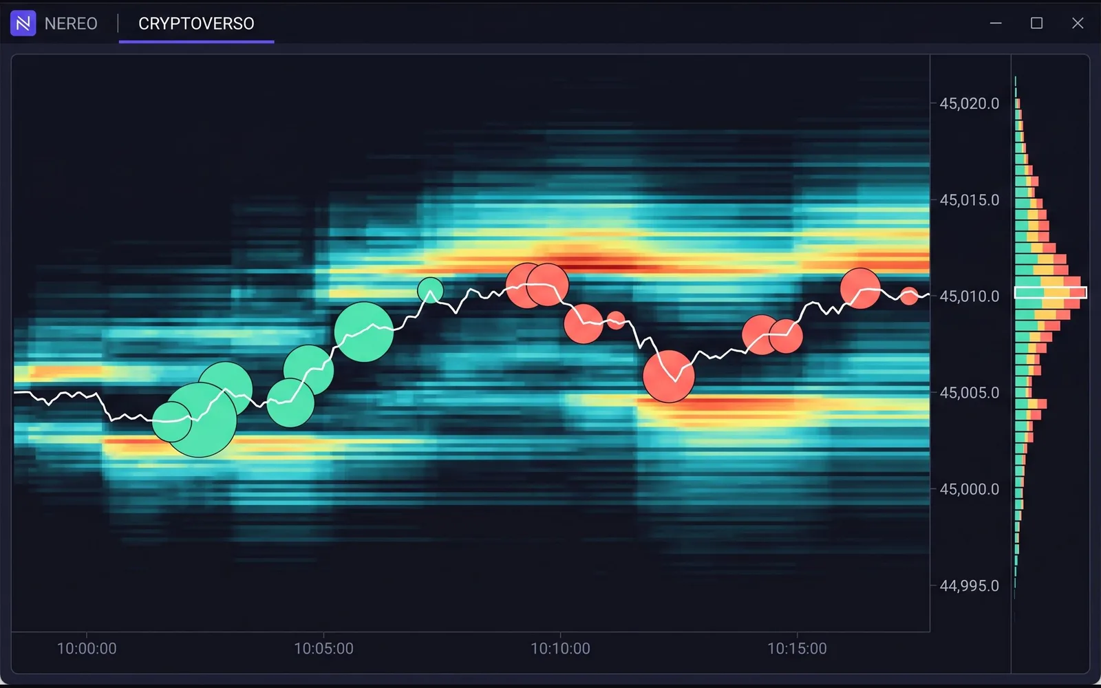 Reconstructed interface of NEREO: heatmap of order book liquidity over time, with the price scale.