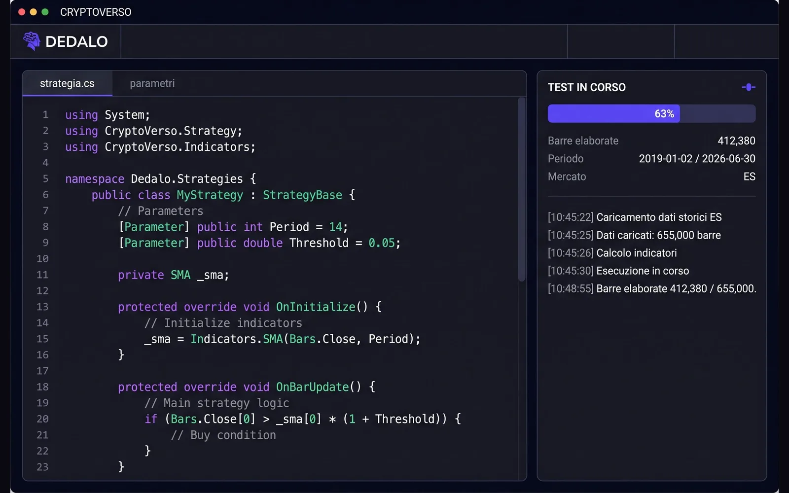 Reconstructed interface of DEDALO: a strategy editor with the log of the historical test in progress.